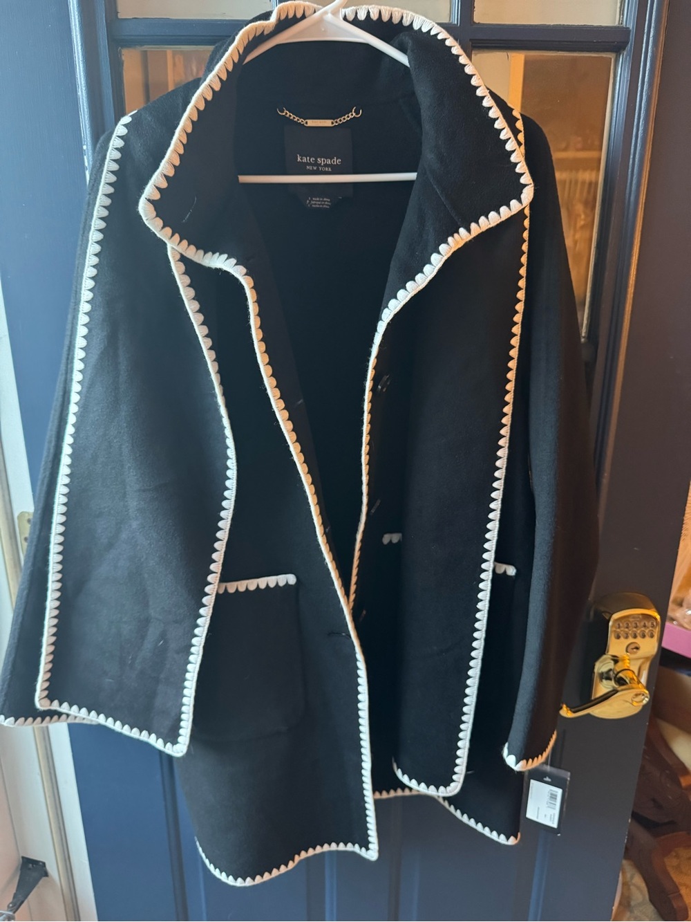 kate spade Black Cape Coat with White Scalloped Trim
